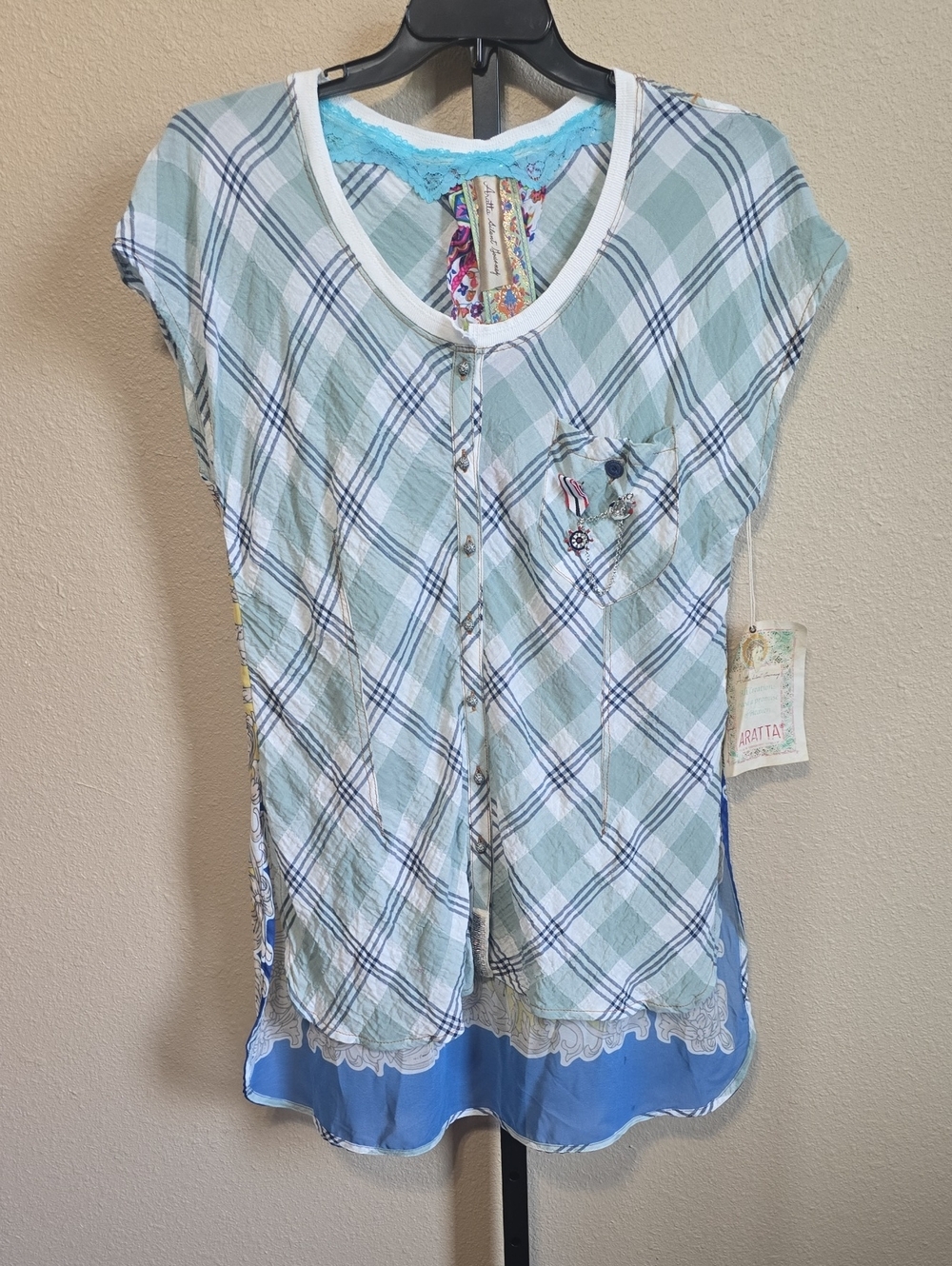 NWT Aratta Front Button Up Plaid/Floral Blouse Large